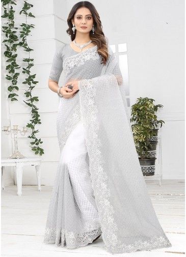 Grey Resham Embroidered Net Saree With Blouse