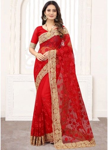 Red Embroidered Border Net Party Wear Saree