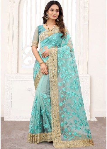 Turquoise Embroidered Border Party Wear Saree