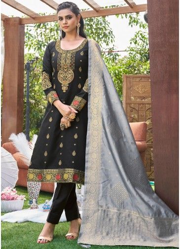 Black Zari Woven Banarasi Salwar Suit With Dupatta