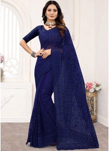 Stone Embellished Blue Saree In Net 