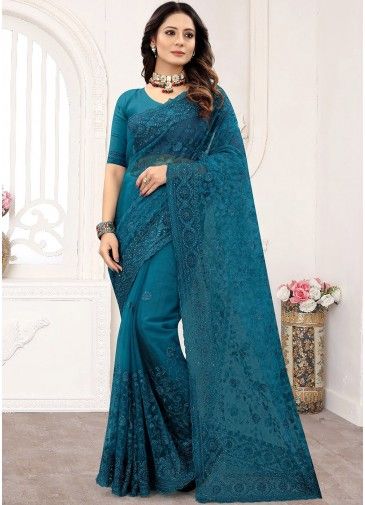 Blue Stone Embellished Net Saree With Blouse