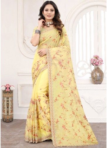 Yellow Organza Saree With Floral Embroidery