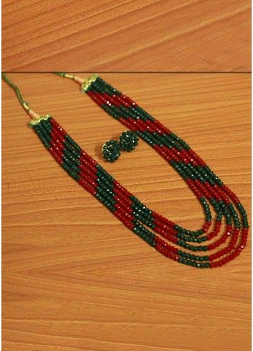Green And Red Beaded Multi Layered Necklace Set