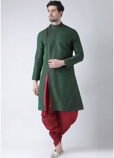 Green Readymade Angrakha Style Slit Kurta Dhoti Set