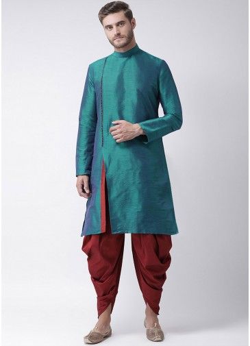 Green Readymade Angrakha Style Slit Kurta With Dhoti