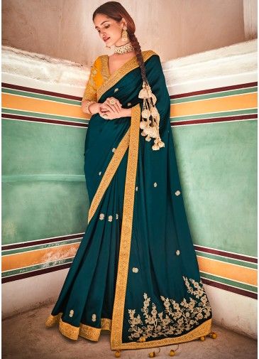 Green Embroidered Crape Saree With Blouse