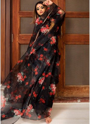 Black Organza Saree In Floral Print