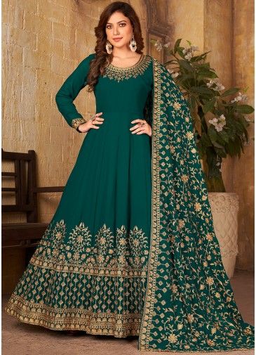 Green Embroidered Georgette Anarkali Style Suit