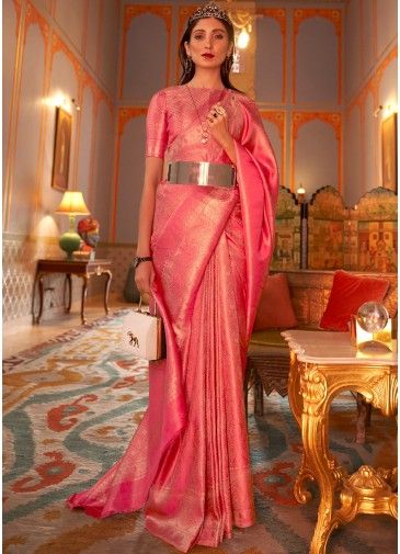 Woven Blouse With Pink Art Silk Saree
