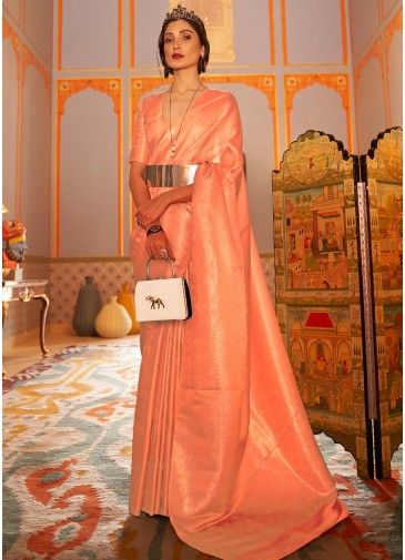 Peach Woven Art Silk Saree With Blouse