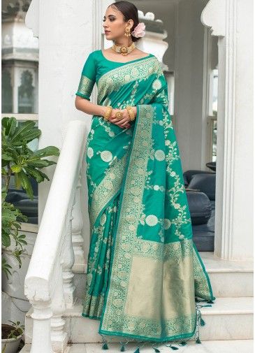 Green Banarasi Silk Saree In Woven Designs