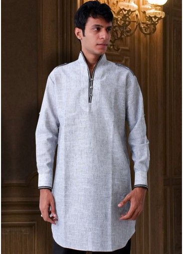 Grey Linen Readymade Pathani Kurta
