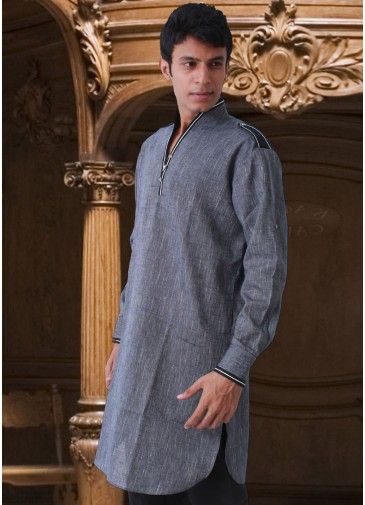 Readymade Grey Linen Pathani Kurta