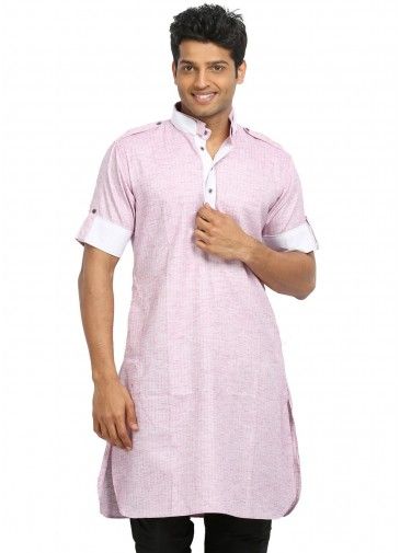 Pink Cotton Readymade Pathani Kurta