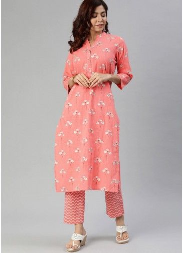 Pink Readymade Printed Kurta Pant Set