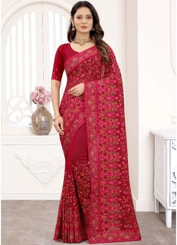 Maroon Georgette Heavy Pallu Saree With Blouse