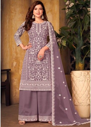 Purple Net Palazzo Suit With Thread Embroidery