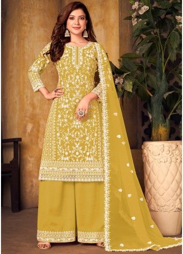 Yellow Net Palazzo Suit Set With Embroidery Details