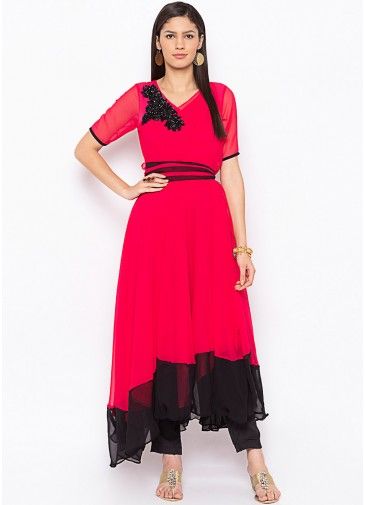 Red Readymade Embroidered Kurta Set In Georgette
