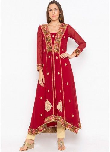 Red Readymade Kurta Set With Detailed Embroidery