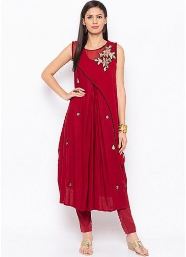 Red Readymade Gathered Kurta Set In Georgette