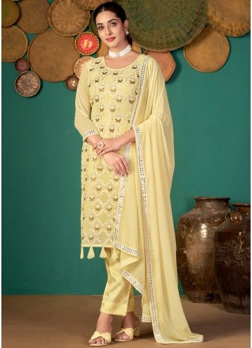 Yellow Sequins Embroidered Pant Suit With Dupatta