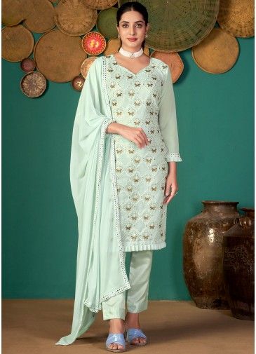 Green Embroidered Pant Style Georgette Suit