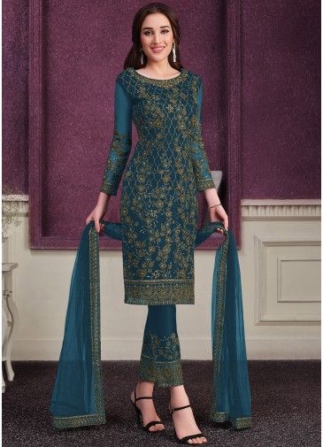 Blue Dori Embroidered Pant Style Suit In Net