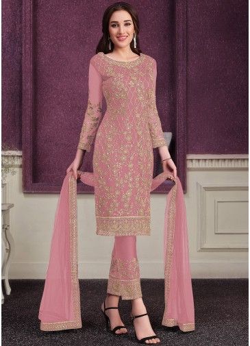 Pink Sequins Embroidered Pant Style Net Salwar Suit
