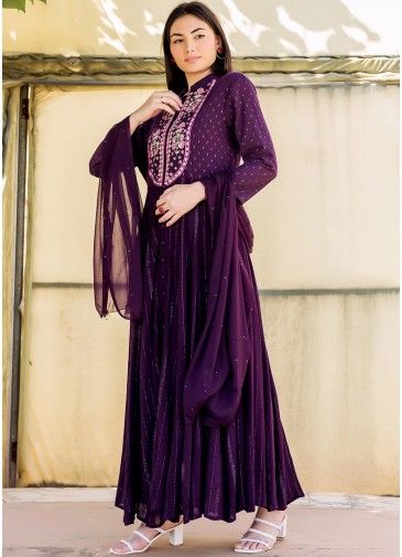 Readymade Purple Thread Embroidered Anarkali Suit