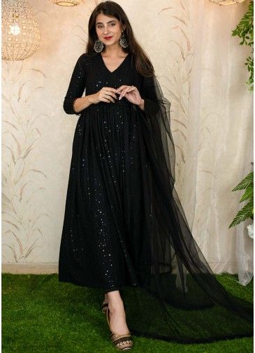 Readymade Black Embroidered Anarkali Suit With Dupatta