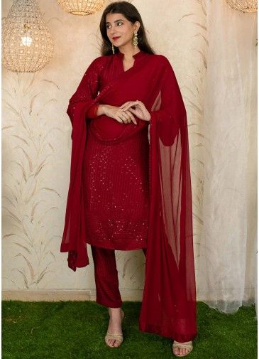 Readymade Red Sequined Rayon Pant Suit With Dupatta
