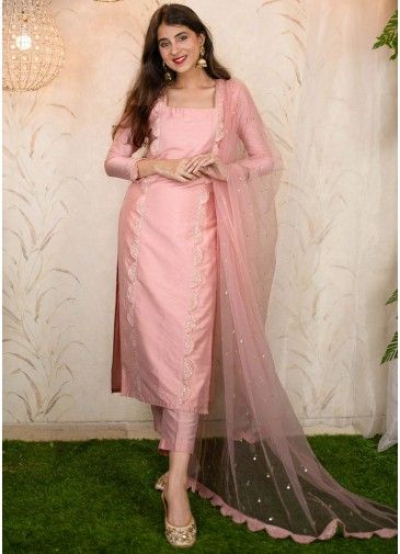 Readymade Peach Straight Cut Embroidered Pant Suit