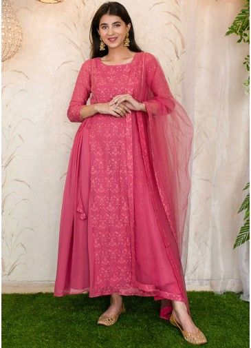 Readymade Pink Anarkali Suit With Thread Embroidery