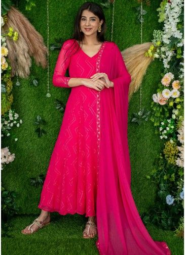 Readymade Pink Sequinned Anarkali Suit In Georgette