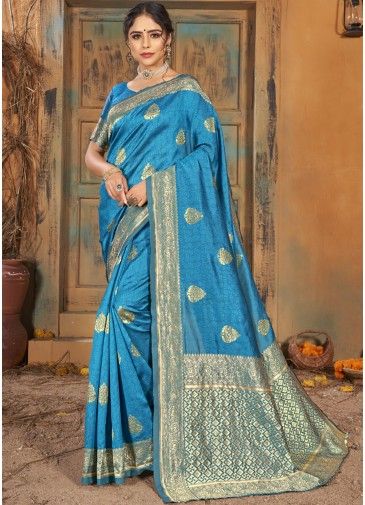Blue Printed Heavy Pallu Saree With Blouse