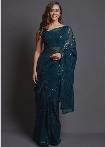 Blue Sequins Embroidered Saree In Georgette
