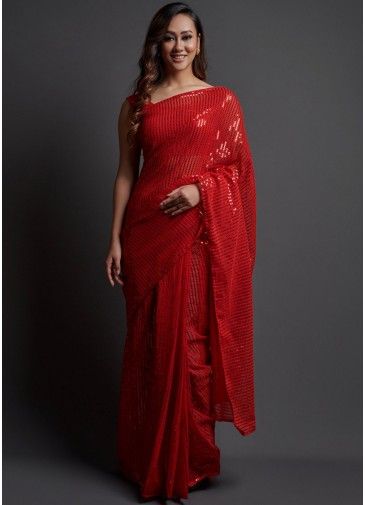 Sequins Embroidered Party Wear Red Saree In Georgette