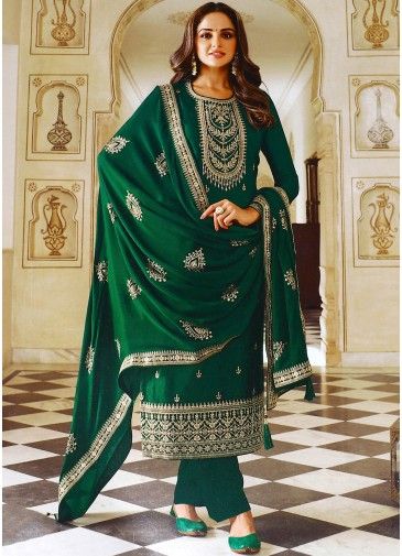 Green Zari Embroidered Pant Suit In Art Silk