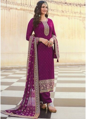 Prachi Desai Purple Stone Embellished Silk Salwar Suit