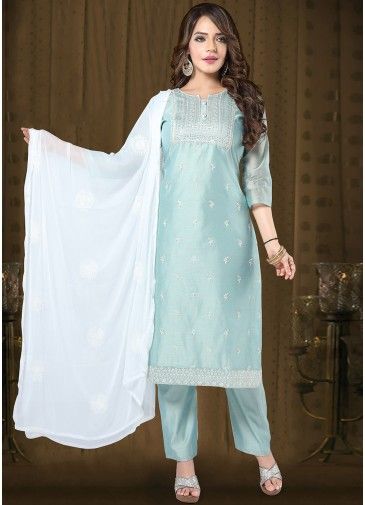 Blue Readymade Sequins Embroidered Chanderi Salwar Suit