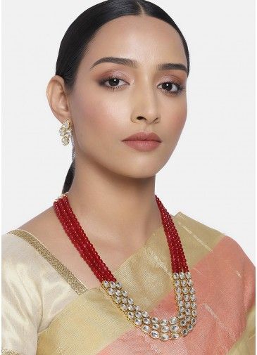 Red & White Kundan Studded Necklace Set