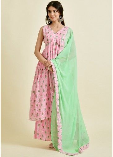 Readymade Pink Printed Palazzo Suit Set In Cotton