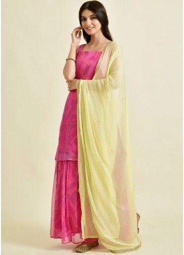 Pink Bandhani Printed Readymade Gharara Suit Set