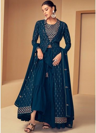 Blue Thread Embroidered Sharara Suit With Dupatta