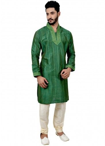 Green Art Silk Readymade Kurta With Churidar
