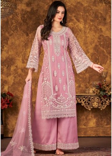 Pink Thread Embroidered Net Palazzo Suit