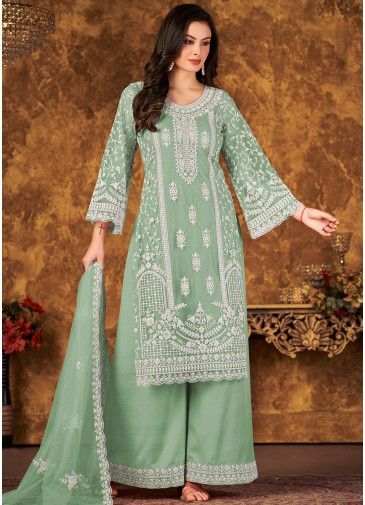 Green Net Dori Embroidered Palazzo Suit