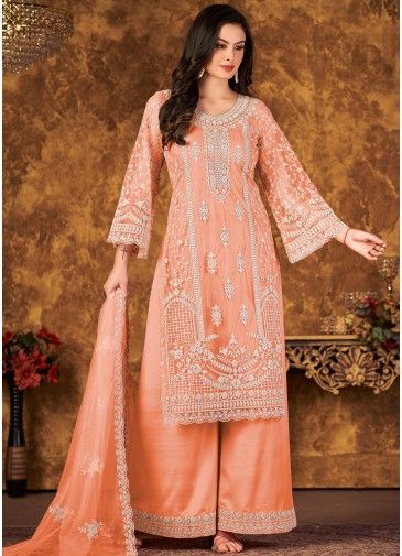 Peach Thread Embroidered Palazzo Suit In Net